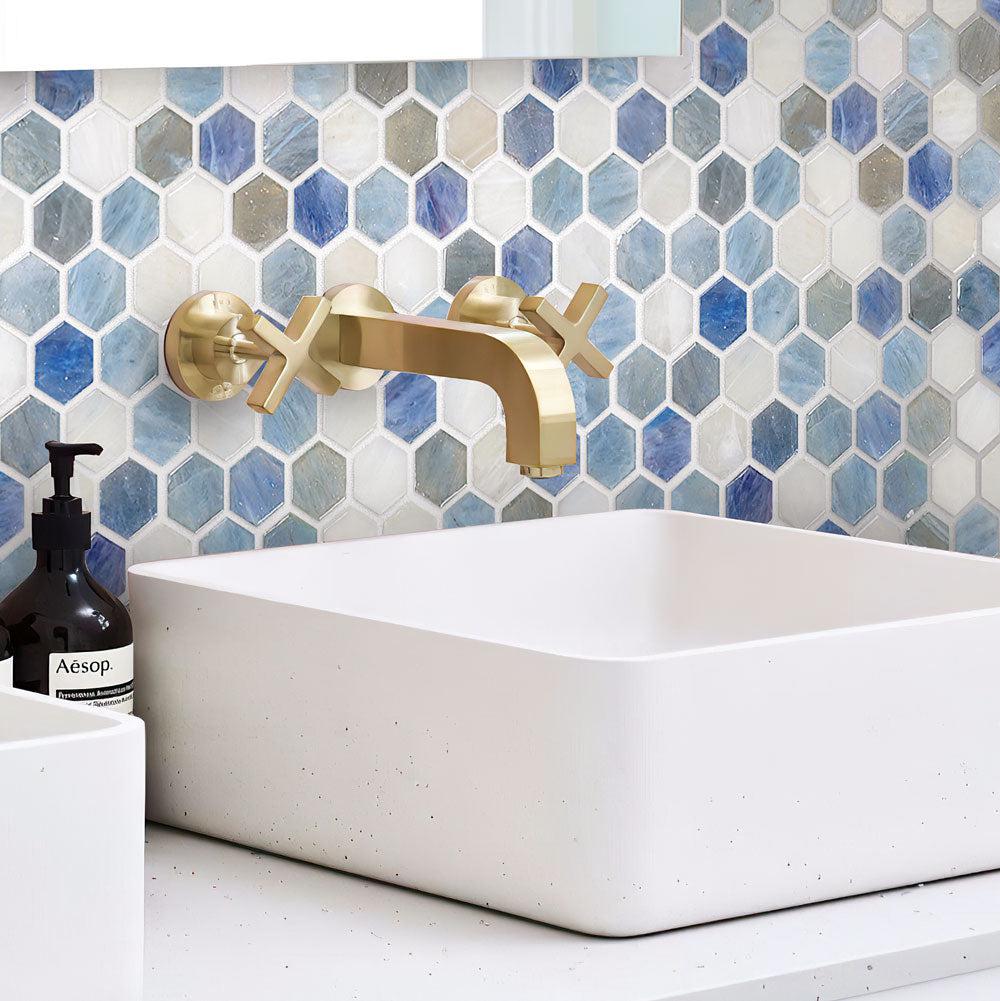 Blue And White Hexagon Glass Mosaic Tile | Tile Club
