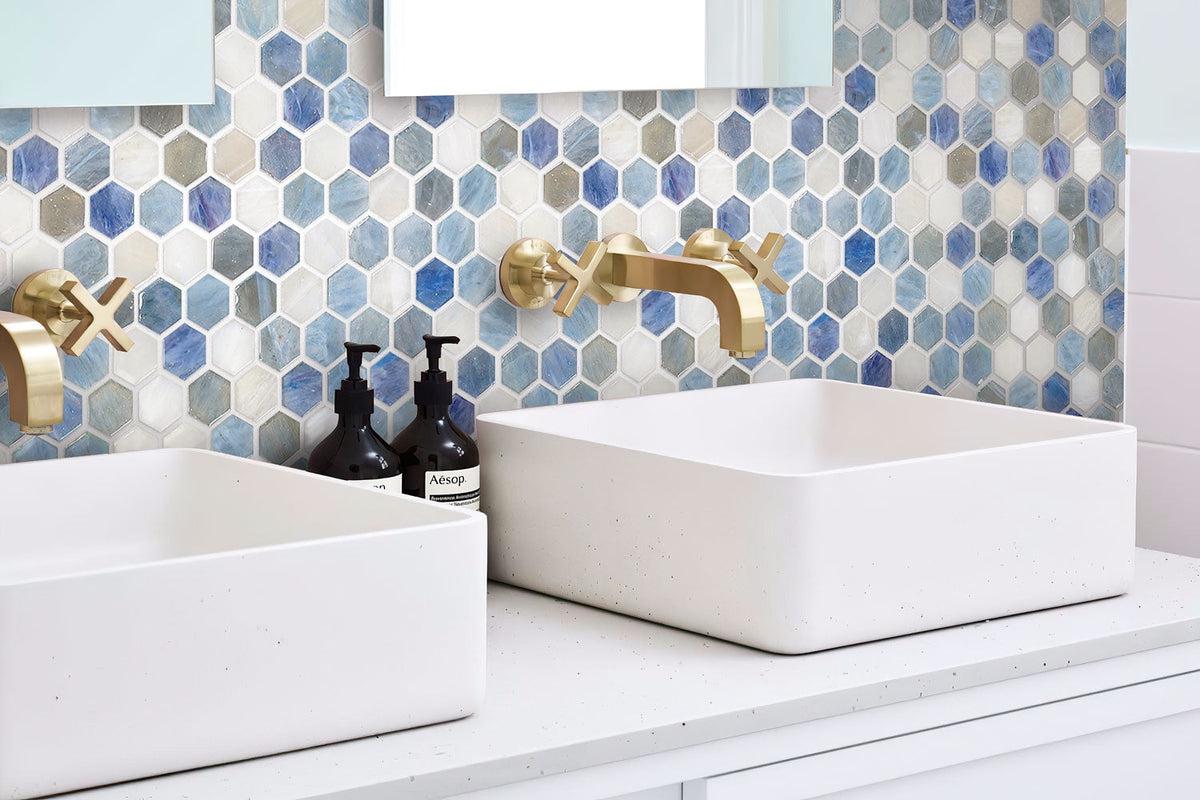 Blue And White Hexagon Glass Mosaic Tile wall in bathroom with two sinks