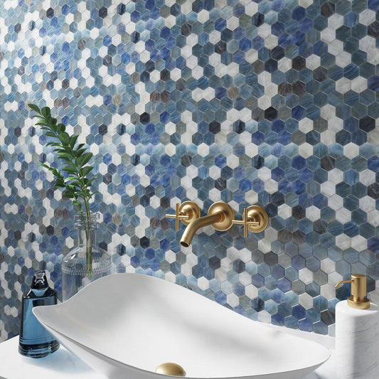 Blue And White Hexagon Glass Mosaic Tile Vanity Backsplash