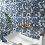 Blue And White Hexagon Glass Mosaic Tile Vanity Backsplash