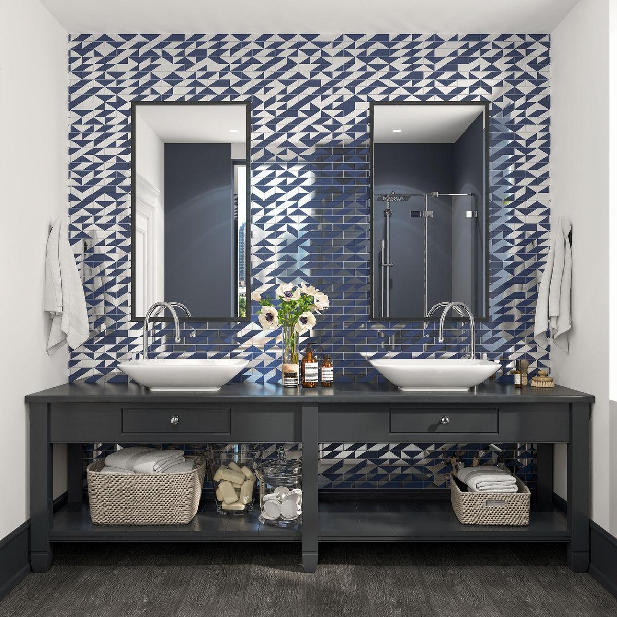 Geometric blue glass subway tile in contemporary bathroom