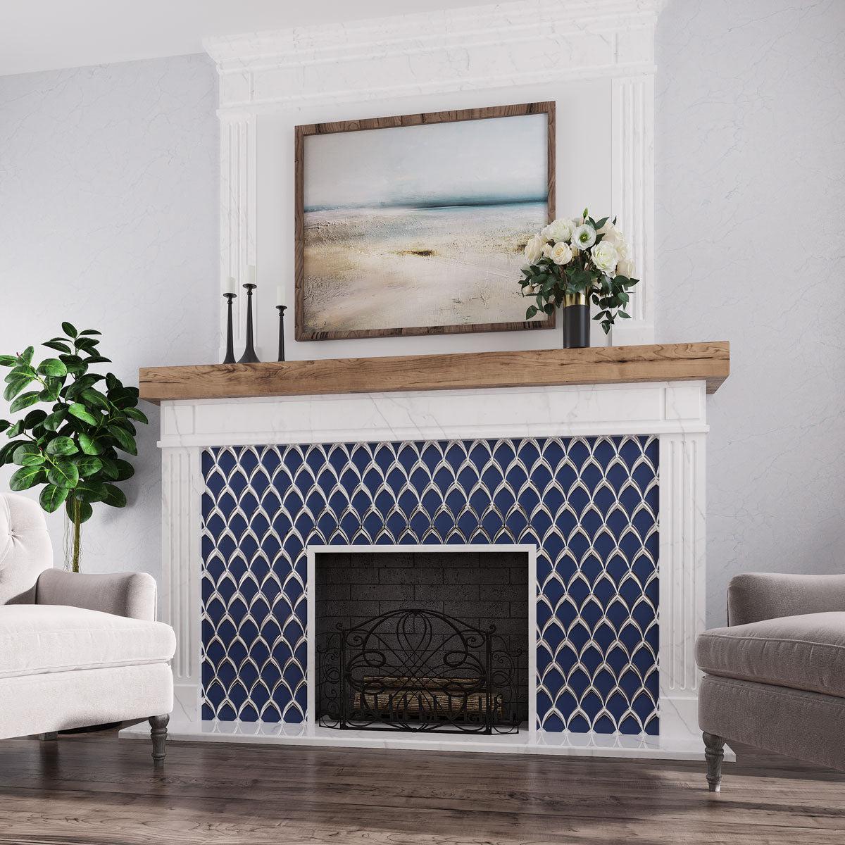 Coastal Glam living room with blue frosted glass tile fireplace surround for an Art Deco detail