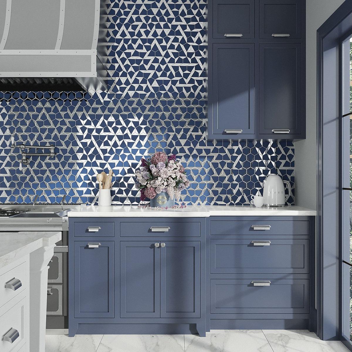 Trendy kitchen with blue hexagon glass tile wall