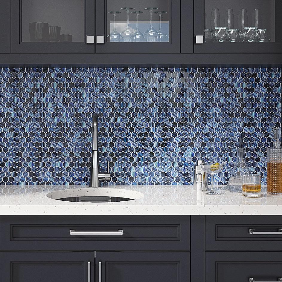 Blue Foil Glossy And Frosted Hexagon Mosaic Tile Wet Bar Backsplash