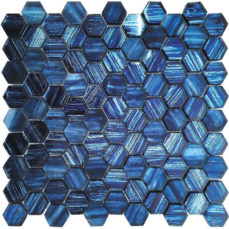 Blue hexagon glass tile kitchen bar backsplash