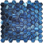 Blue hexagon glass tile kitchen bar backsplash