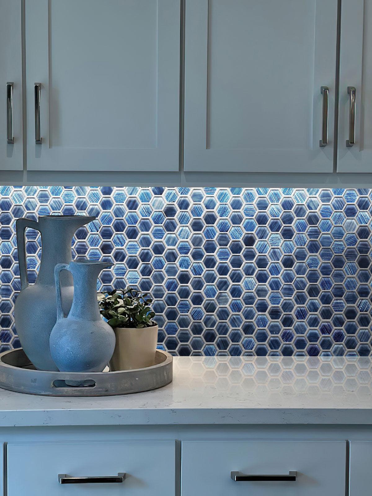 Blue hexagon glass tile kitchen bar backsplash