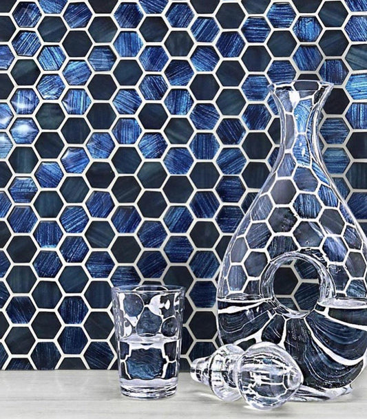 11.3" x 11.3" Blue Foil Glossy And Frosted Hexagon Mosaic Tile