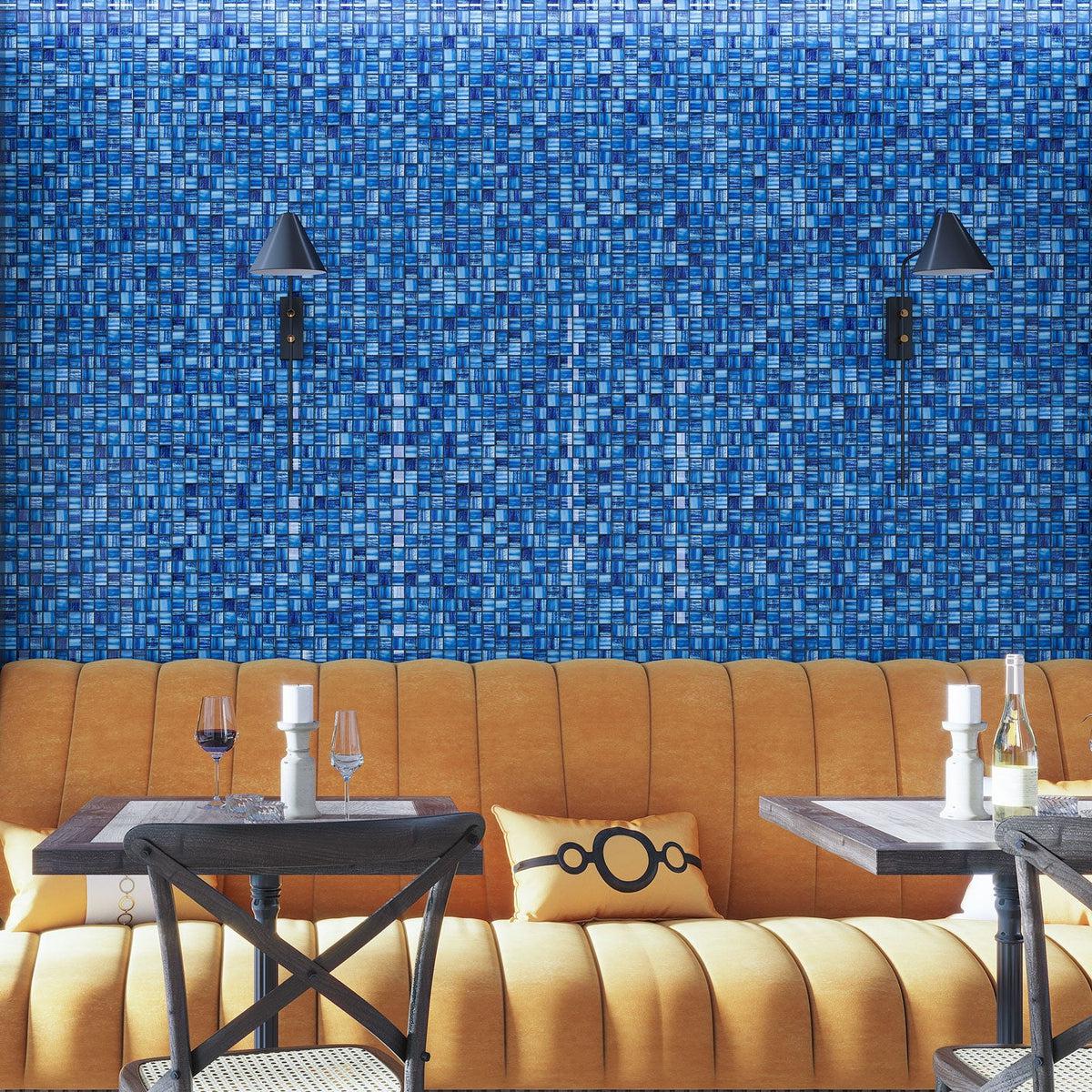 Blue glass tile wall backsplash in trendy cafe