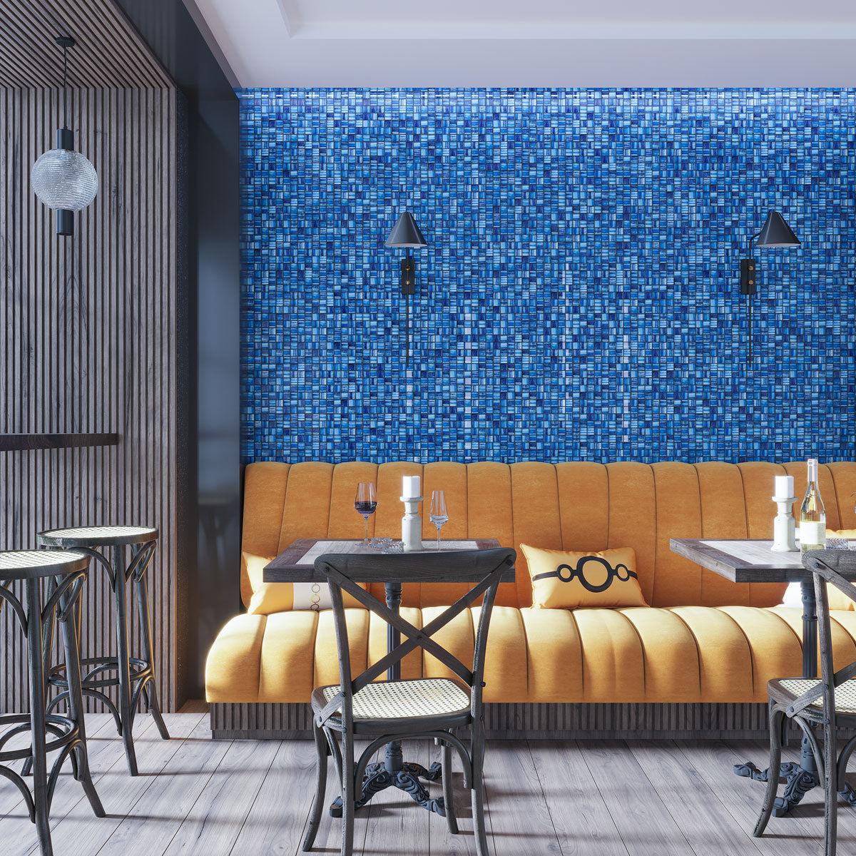 Blue wall tile backsplash commercial restaurant