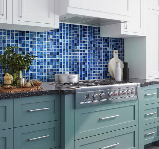 Shimmery blue glass tile kitchen backsplash