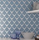 Kitchen Table and Shelves with Utensils on the Background of the Blue Frost Diamond Glass Mosaic Wall