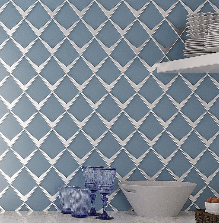 Kitchen Table and Shelves with Utensils on the Background of the Blue Frost Diamond Glass Mosaic Wall