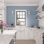 Blue Frost Diamond Glass Mosaic Tile Backsplash in Kitchen of White & Silver