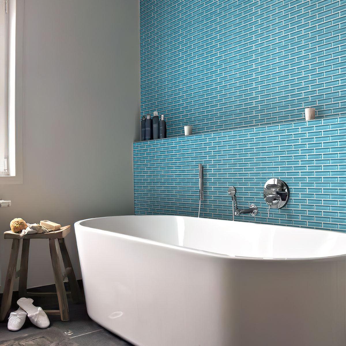 Bathroom with Sea Blue Glass Brick Tile backsplash