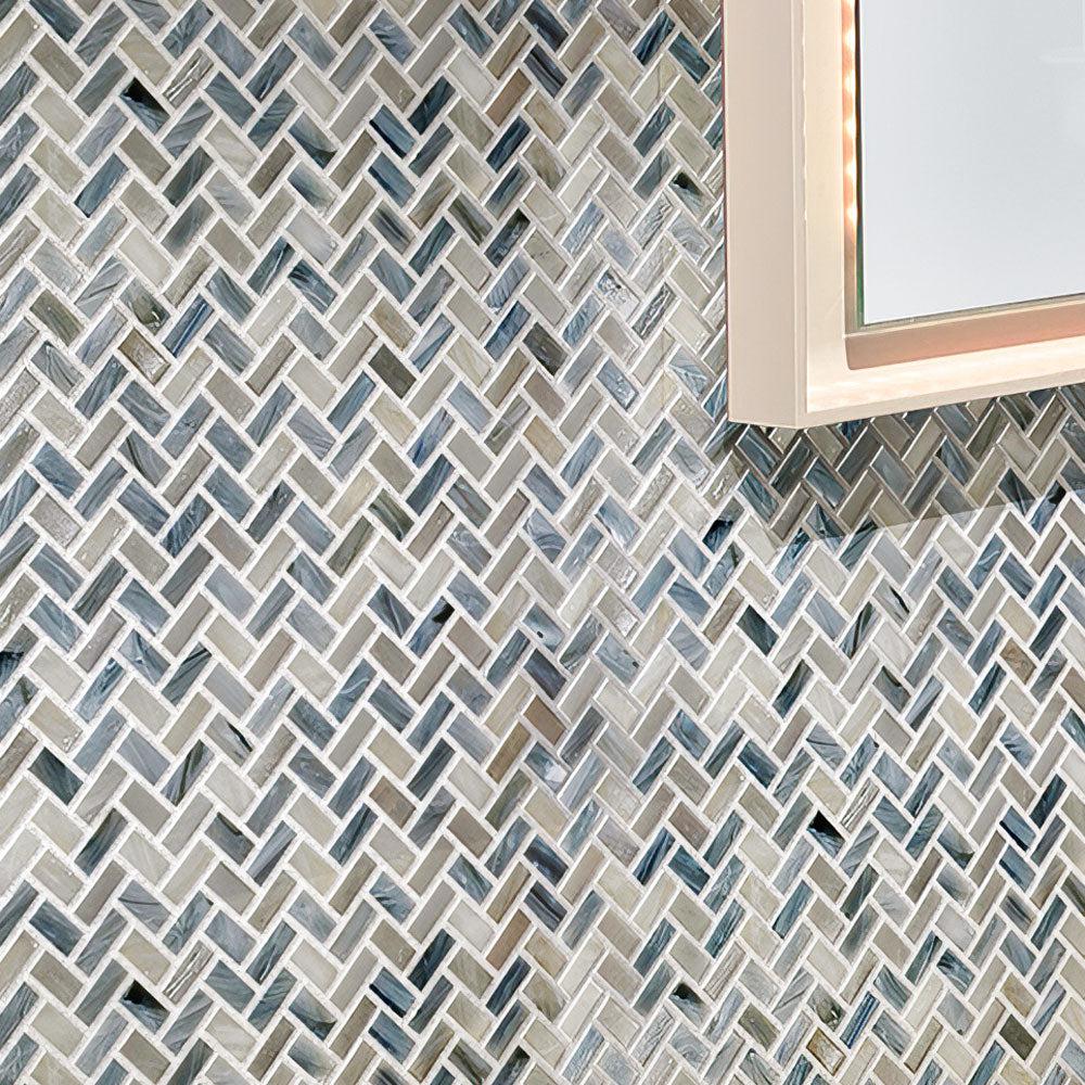 Blue Grey Herringbone Mosaic Tile wall close-up