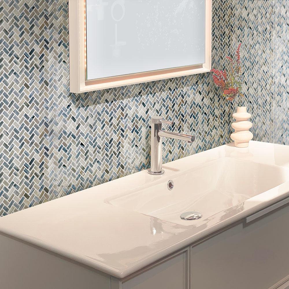Сream bathroom with Blue Grey Herringbone Mosaic Tile backsplash