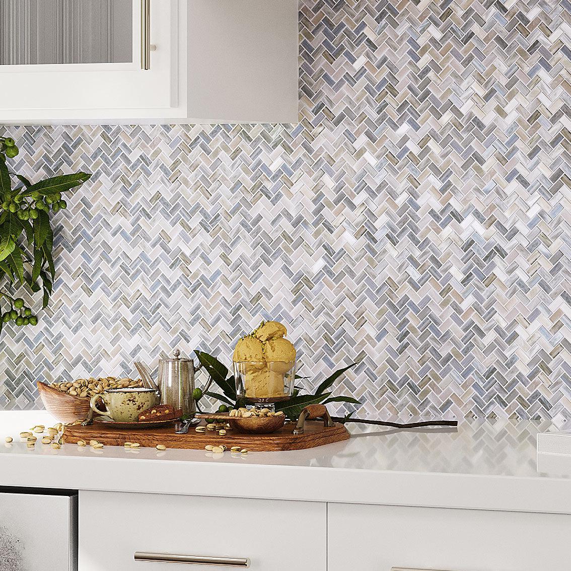 Blue Grey Herringbone Mosaic Tile