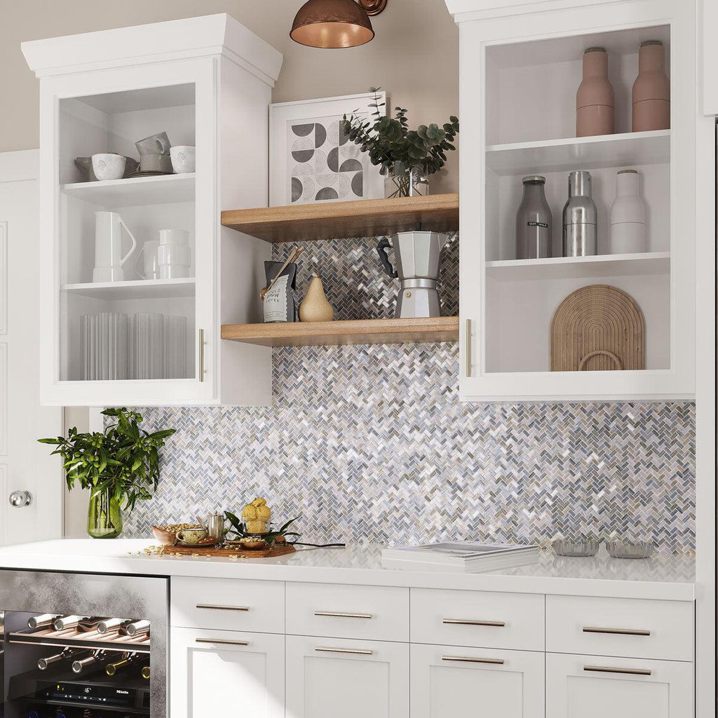 Blue Grey Herringbone Mosaic backsplash tile for a built in bar nook