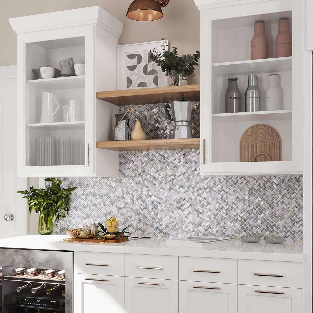 Blue Grey Herringbone Mosaic backsplash tile for a built in bar nook