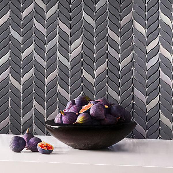 Dish with Figs on Background of Blue Leaf Recycled Glass Mosaic Tile Wall