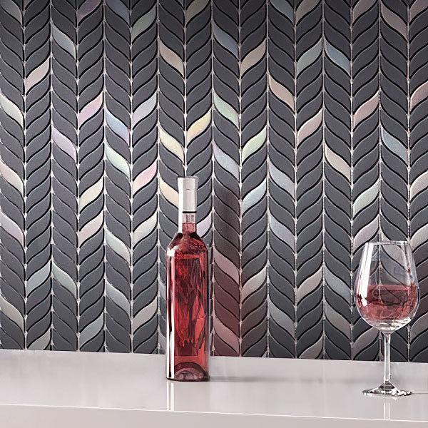 A Bottle of Rose Wine & a Glass on Background of Blue Leaf Recycled Glass Mosaic Tile Wall