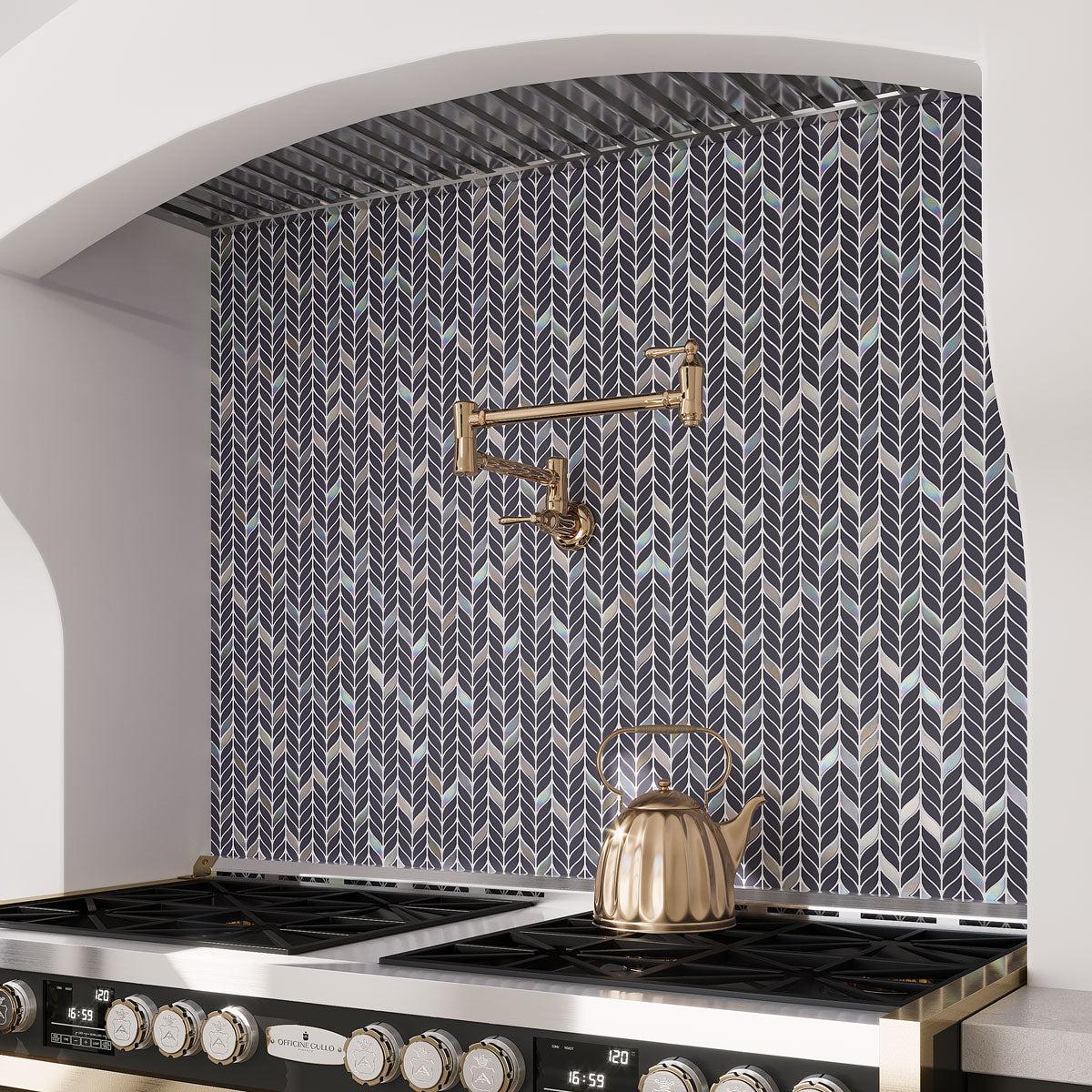 Blue leaf pattern kitchen wall tile made of Recycled Glass