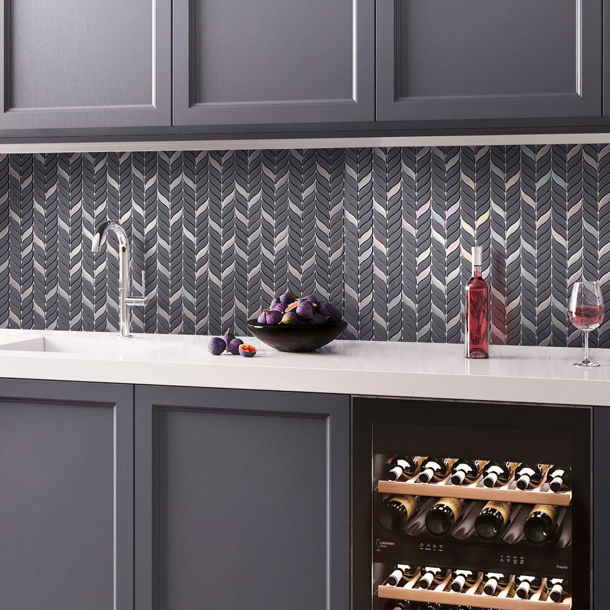 Graphite & White Kitchen with Blue Leaf Recycled Glass Mosaic Tile Backsplash