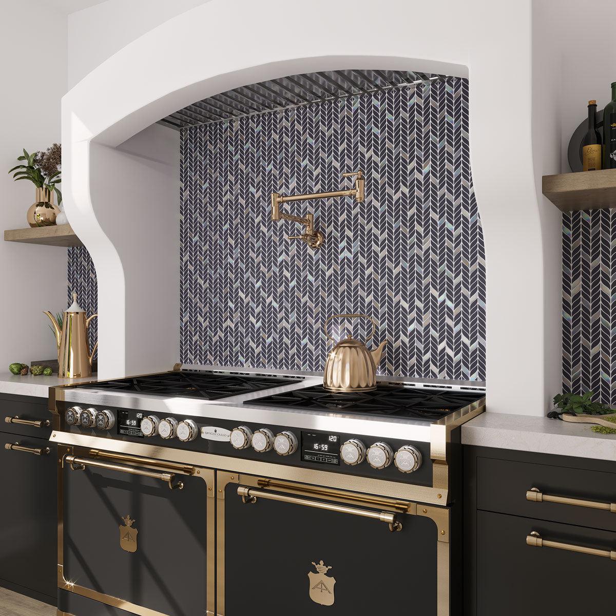 White and blue kitchen with a black and copper French range and Blue Leaf Recycled Glass Mosaic Tile backsplash