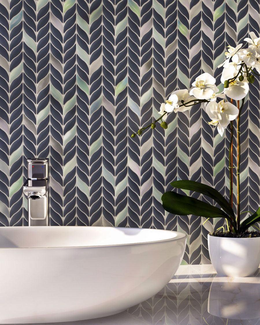 Blue Leaf Recycled Glass Mosaic Tile Bathroom Backsplash