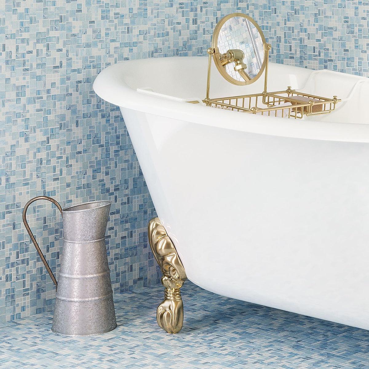 White and Gold Bathtub in Blue Mini Versailles Glass Mosaic Tile Interior