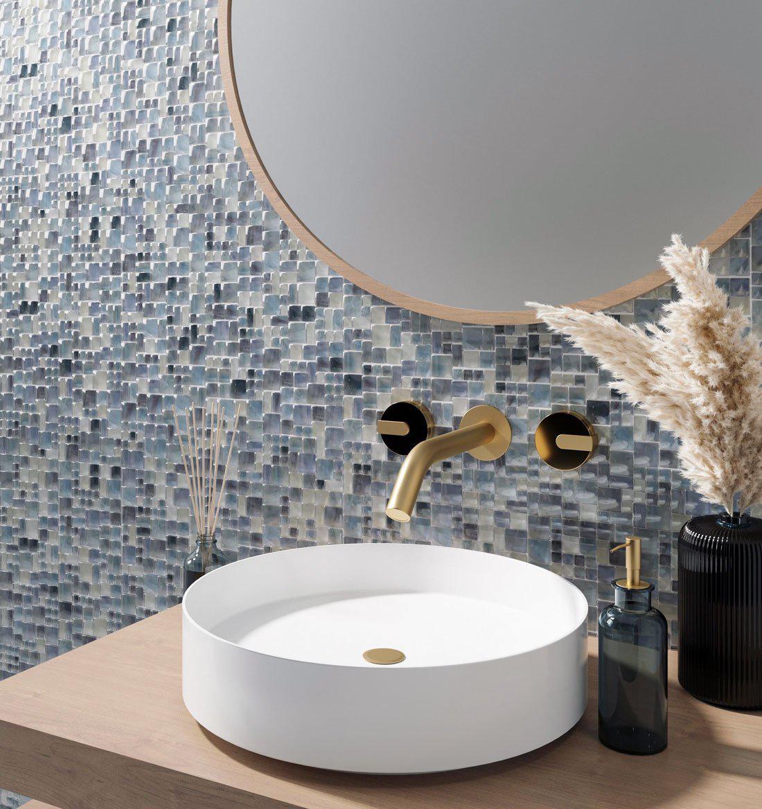 Modern Coastal Blue and Gold Bathroom with Blue Mini Versailles Glass Mosaic Tile and Pampas Grass Decor