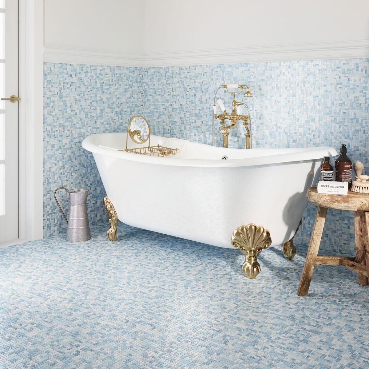 White and Gold Classic Style Bathtub in Blue Mini Versailles Glass Mosaic Tile Interior