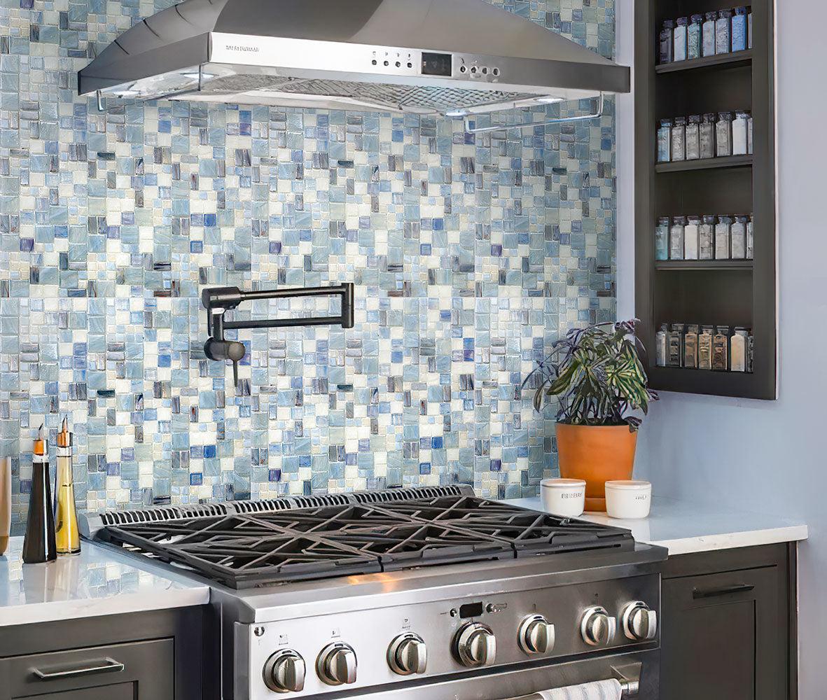 Blue Mini Versailles Glass Mosaic Tile backsplash in grey kitchen