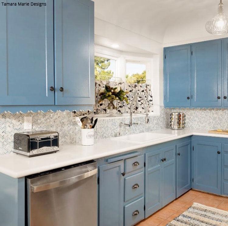 Blue and White Cottage Kitchen by Tamara Marie Designs with Blue Pearl Glass Herringbone Mosaic Tile by Tile Club