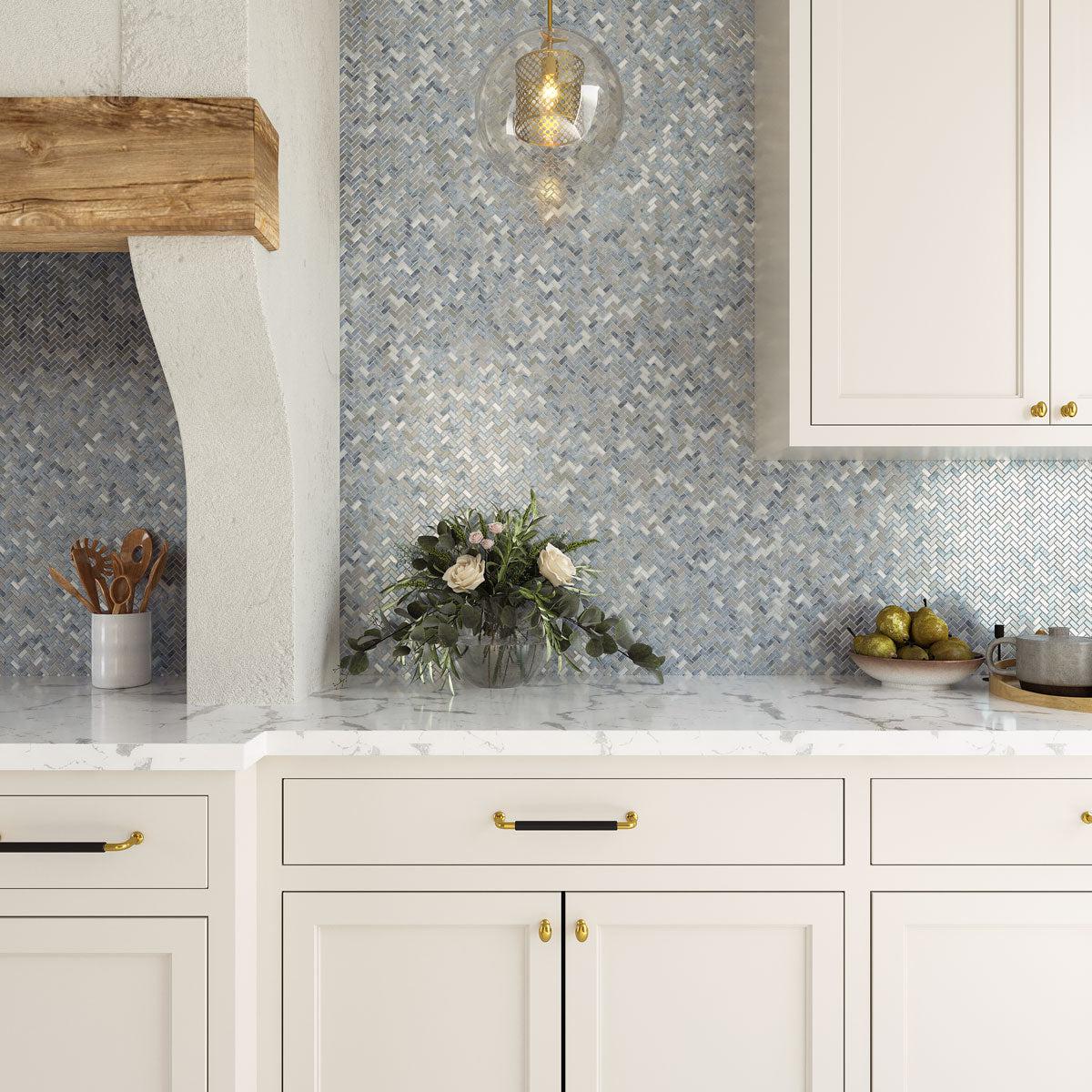 Blue Pearl Herringbone Mosaic Tile Kitchen Backsplash