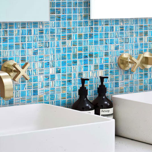 Blue with Gold Stripes Squares Glass Pool Tile | Tile Club