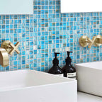 Blue with Gold Stripes Squares Glass Pool Tile | Tile Club