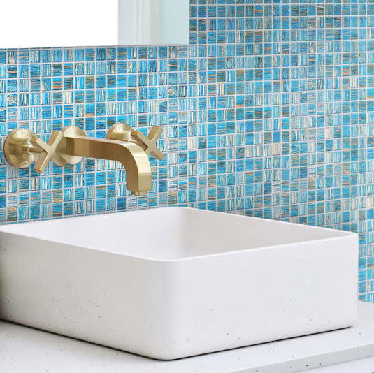 Blue with Gold Stripes Squares Glass Pool Tile | Tile Club