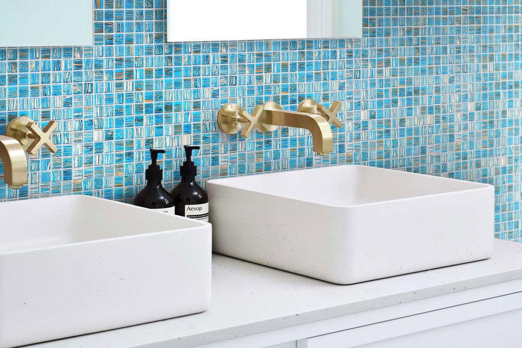 Blue with Gold Stripes Squares Glass Pool Tile Bathroom Backsplash