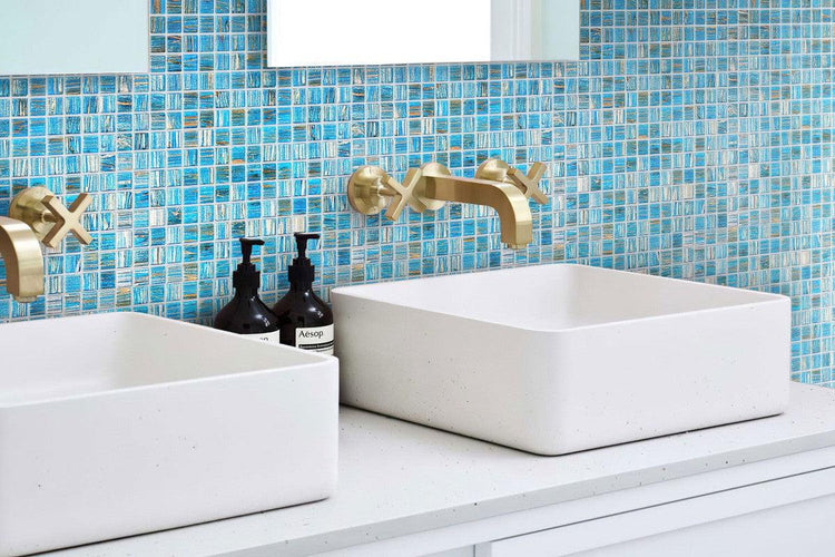 Blue with Gold Stripes Squares Glass Pool Tile Bathroom Backsplash