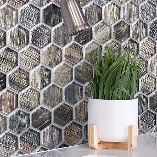 Blue Wooden Glass Hexagon Mosaic Tile Kitchen Wall