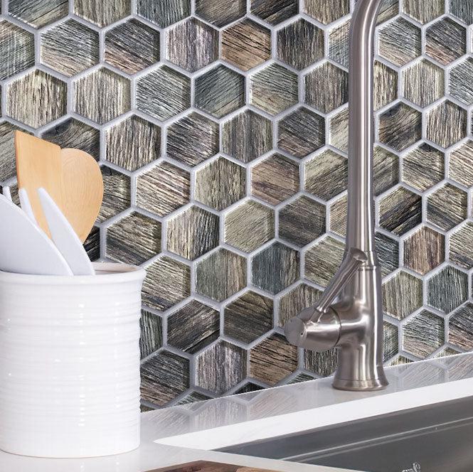 Blue Wooden Glass Hexagon Mosaic Tile Kitchen Backsplash Close-up