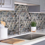 Blue Wooden Glass Hexagon Mosaic Tile Kitchen Backsplash