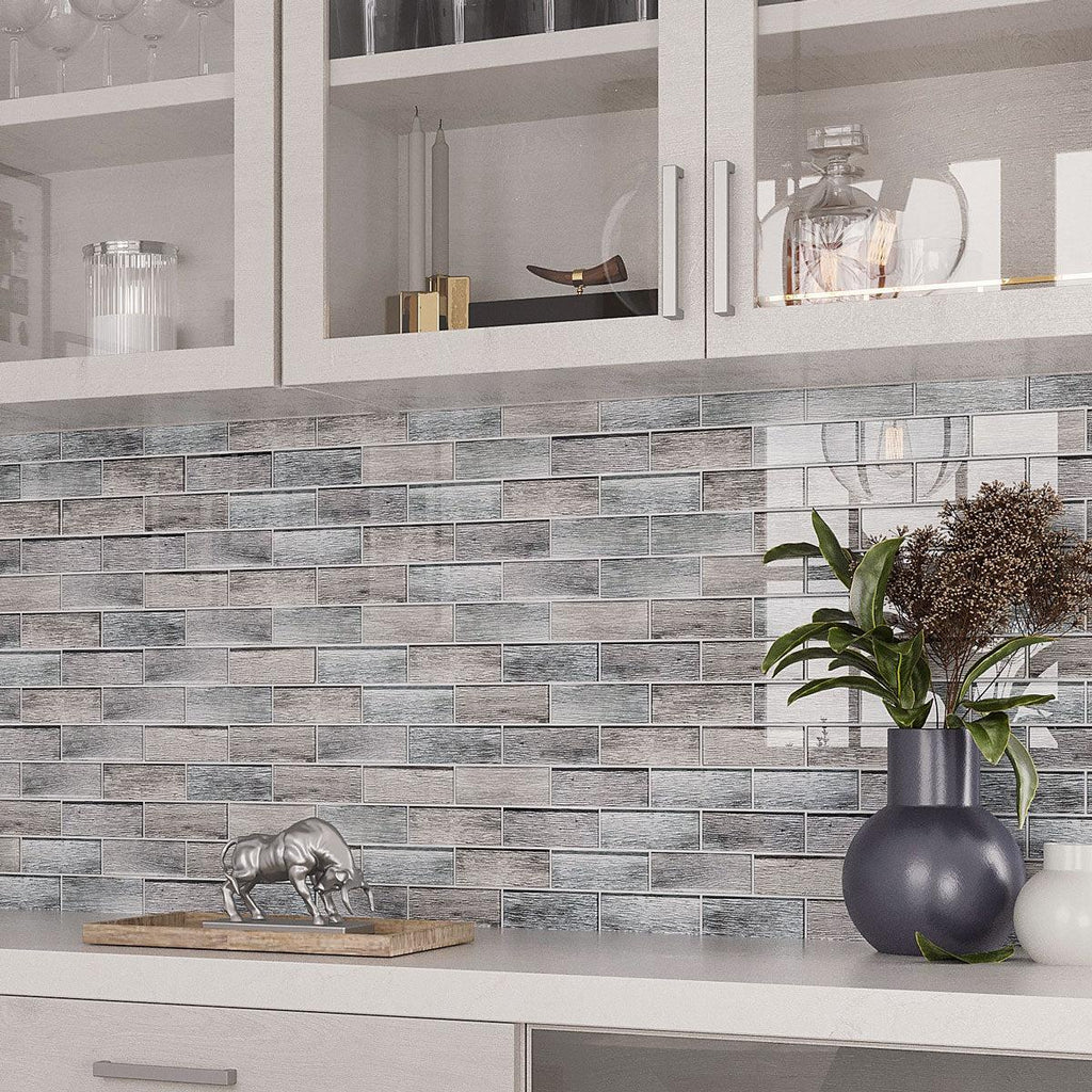 Blue Wooden Glass Subway Mosaic Tile bar backsplash