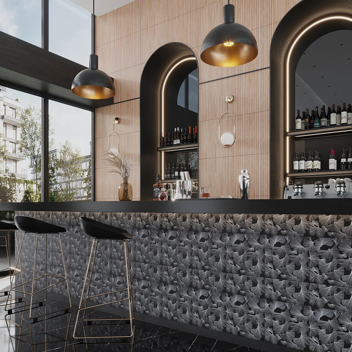 Bar Design with Bluma Gingko Black Etched Marble tiles
