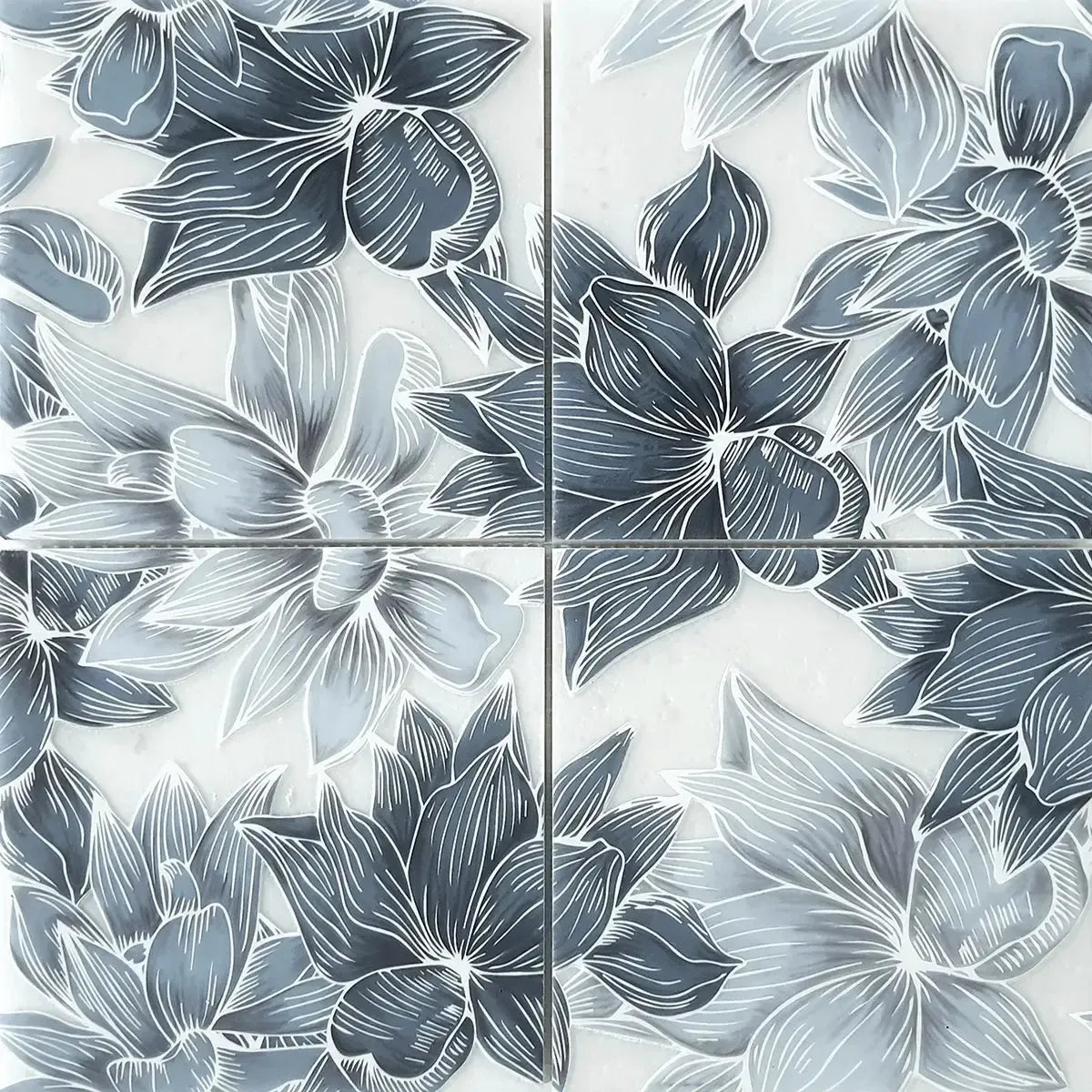 Bluma Floral Blue Etched Marble Mosaic
