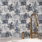Bluma Floral Blue Etched Marble Mosaic Backsplash