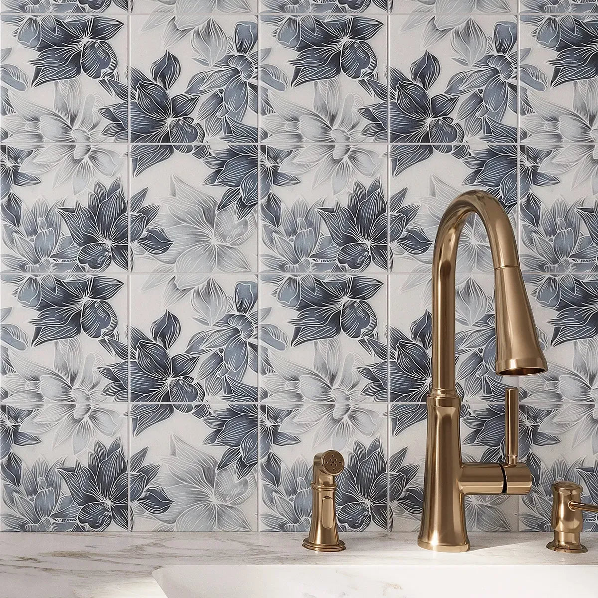 Bluma Floral Blue Etched Marble Mosaic Backsplash