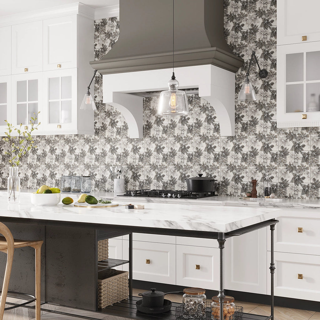 Bluma Floral Gray Etched Marble Mosaic | Tile Club